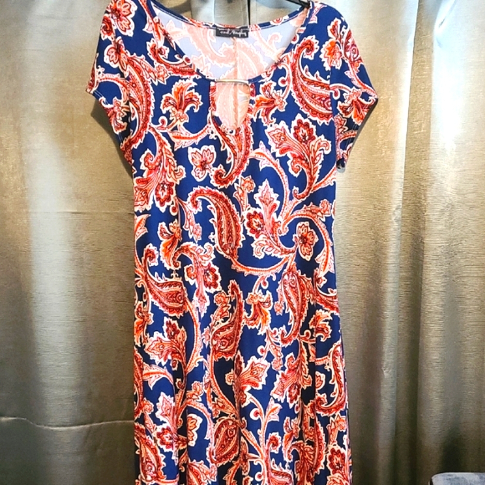 French Atmosphere Paisley Print Midi Dress in Navy Red, Peekaboo Neckline PTP 21